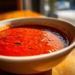 A bowl of vibrant tomato soup with fresh tomatoes, garnished with herbs, sits on a wooden table.