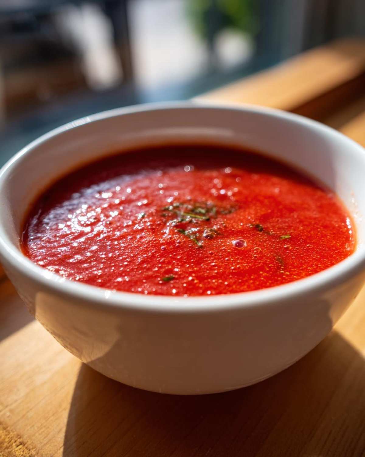 Close-up of a bowl of vibrant tomato soup with fresh tomatoes, garnished with herbs.