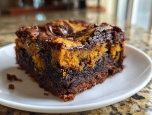 Close-up of a rich, fudgy pumpkin brownie slice with swirls of pumpkin and chocolate on a white plate.