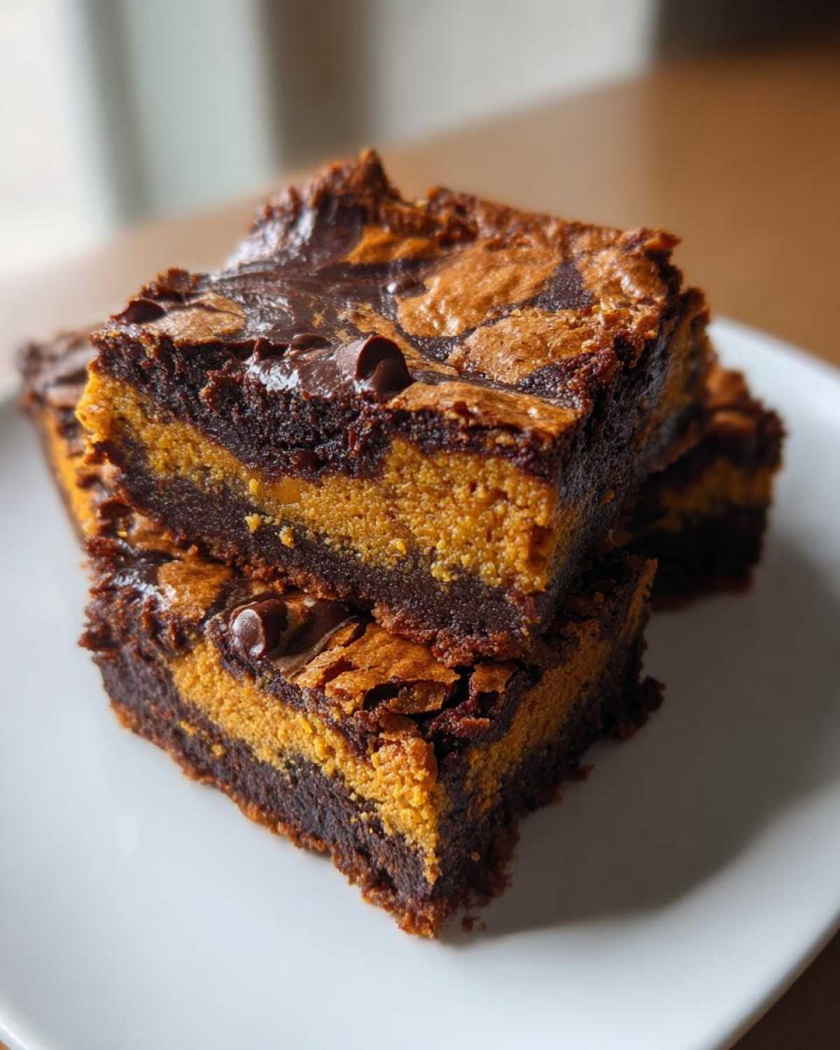 Close-up of two stacked fudgy pumpkin brownies with visible chocolate chips and swirls.