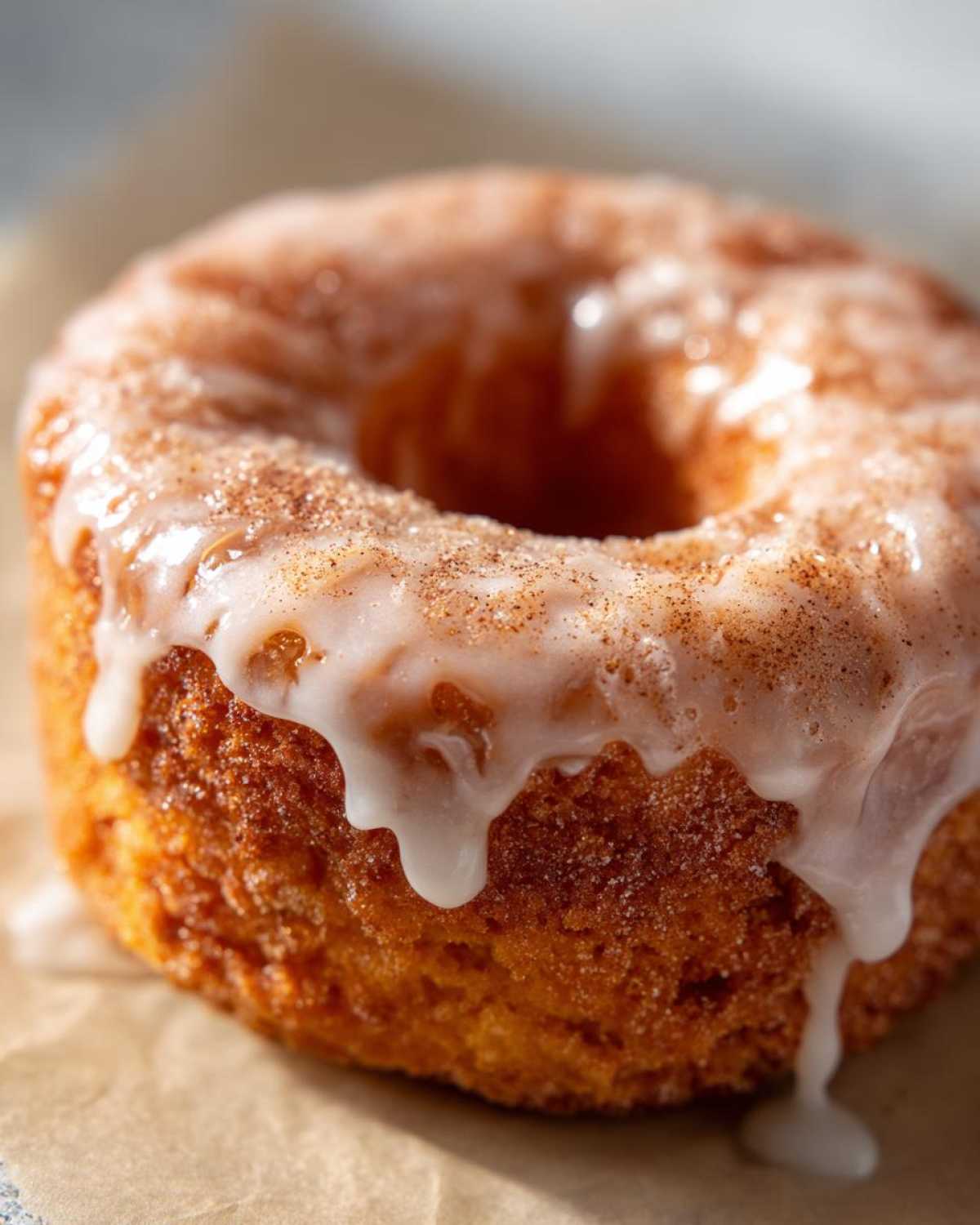 Close-up of a single pumpkin donut with a white glaze and cinnamon sugar topping.