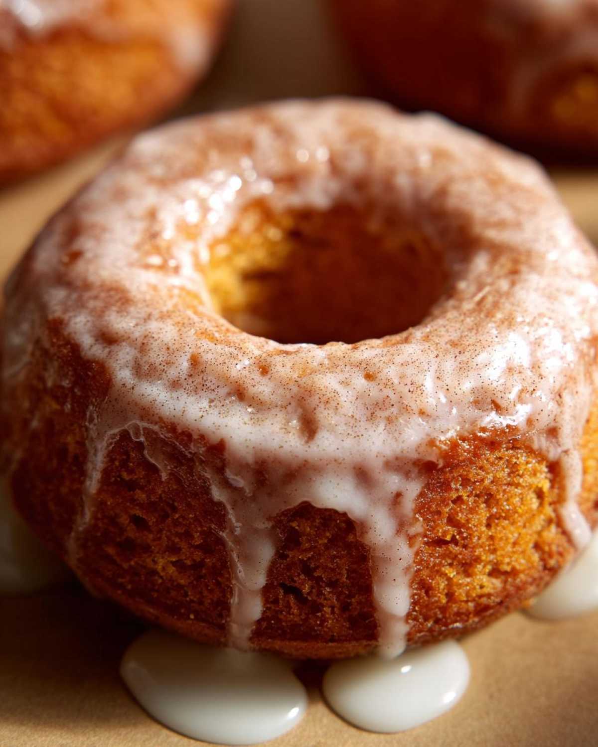 Close-up of a glazed pumpkin donut, showcasing the texture and glaze dripping down the sides.