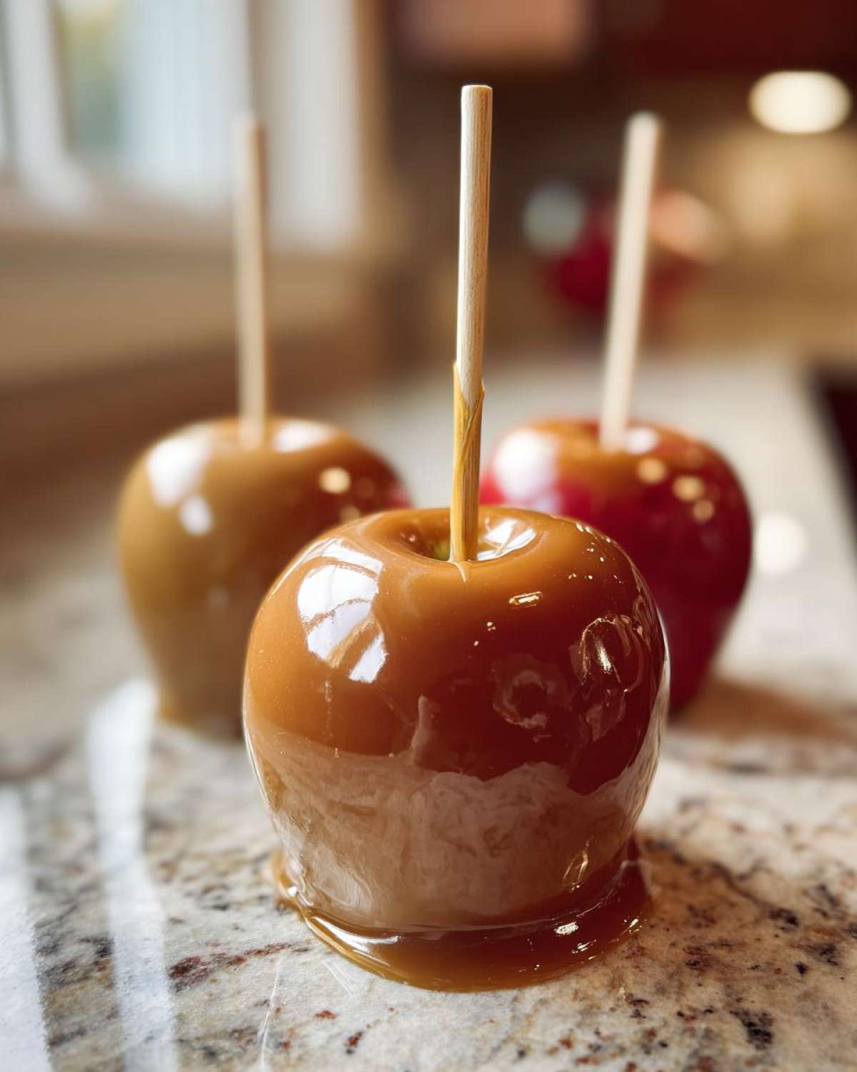 Three perfectly coated caramel apples with glossy caramel on sticks, one in the foreground.
