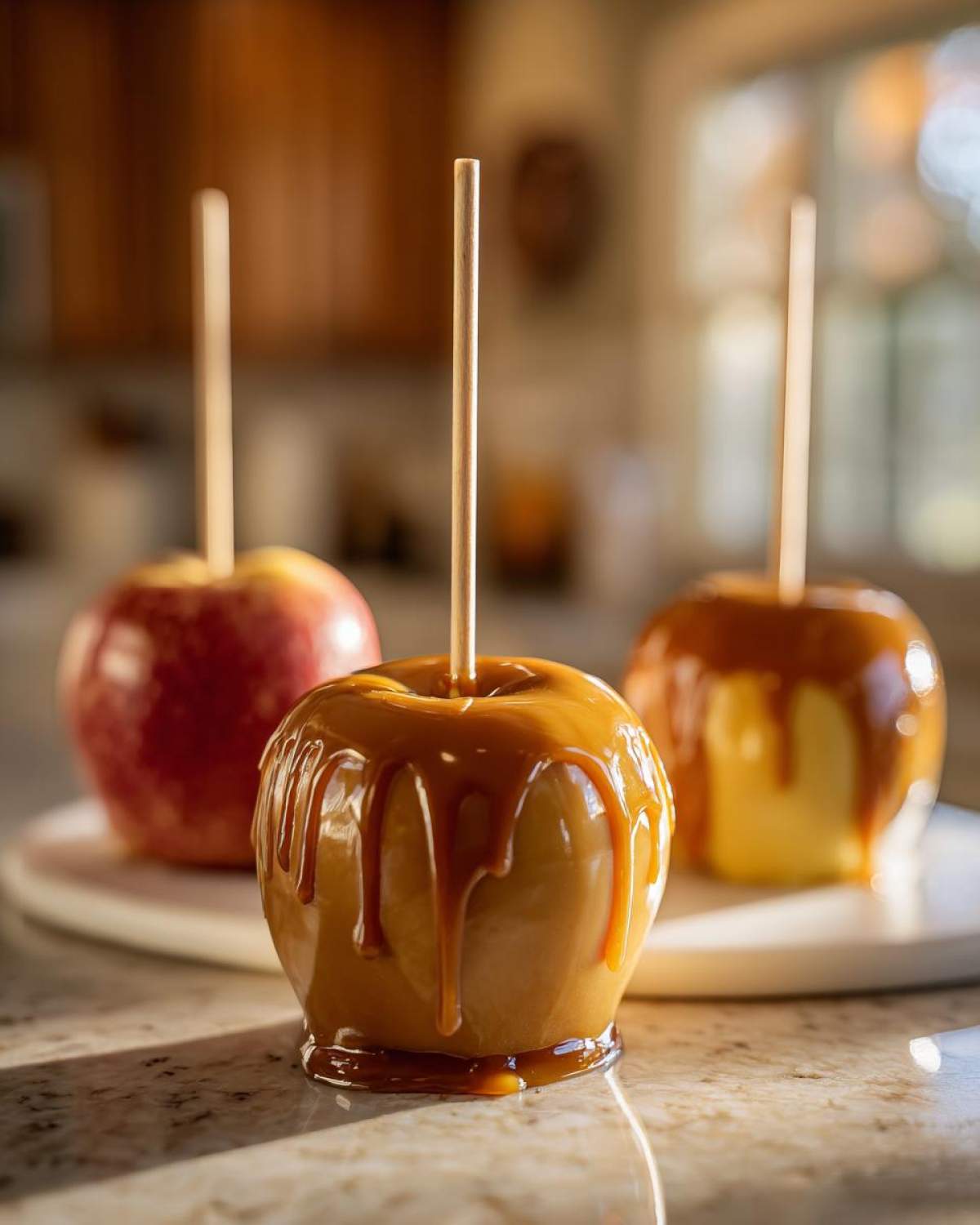 Three glossy caramel apples on sticks, with the front apple in sharp focus and drippy caramel.