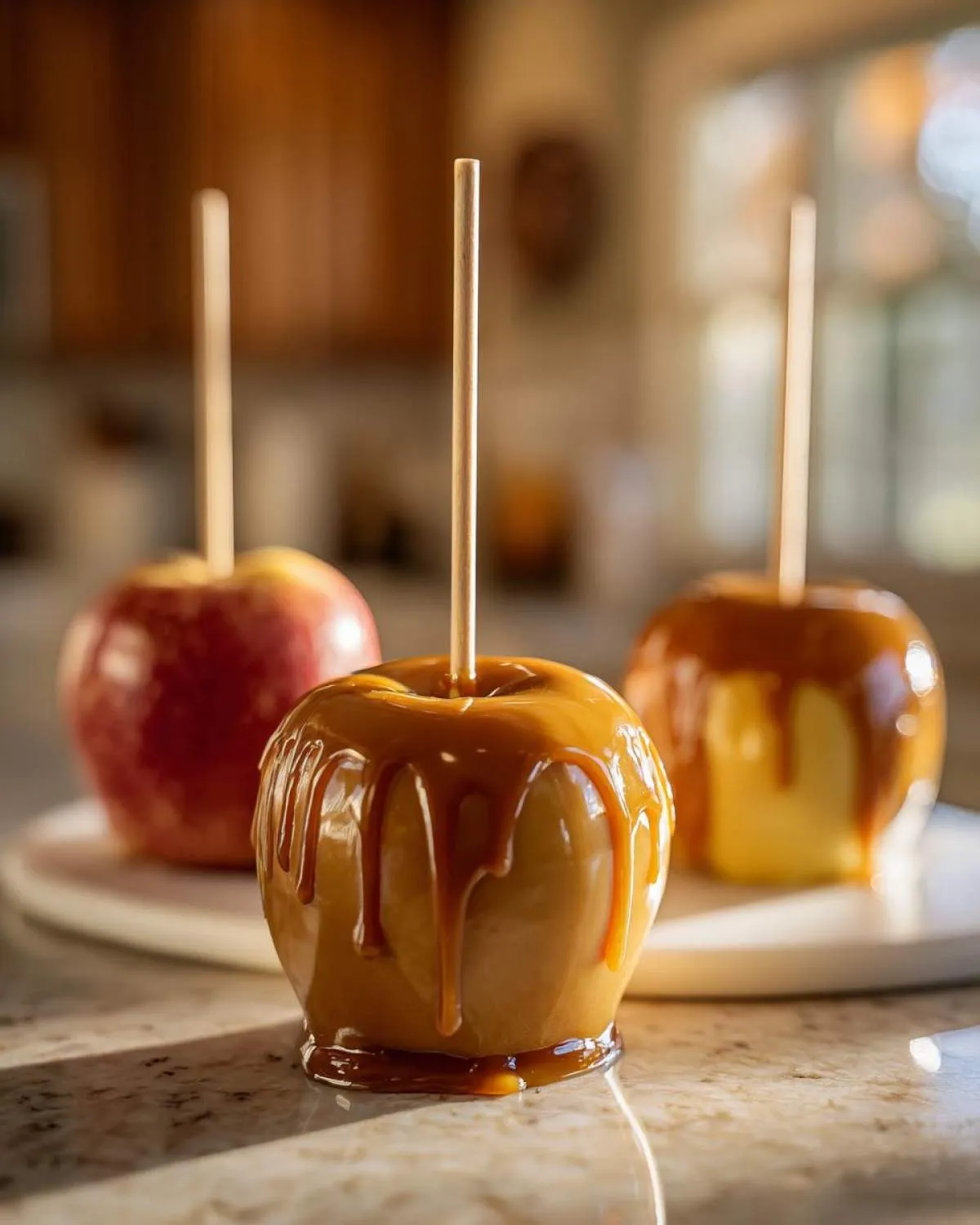 Three glossy caramel apples on sticks, with the front apple in sharp focus and drippy caramel.