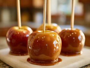 Close-up of four glossy caramel apples on wooden sticks, with rich caramel dripping down.