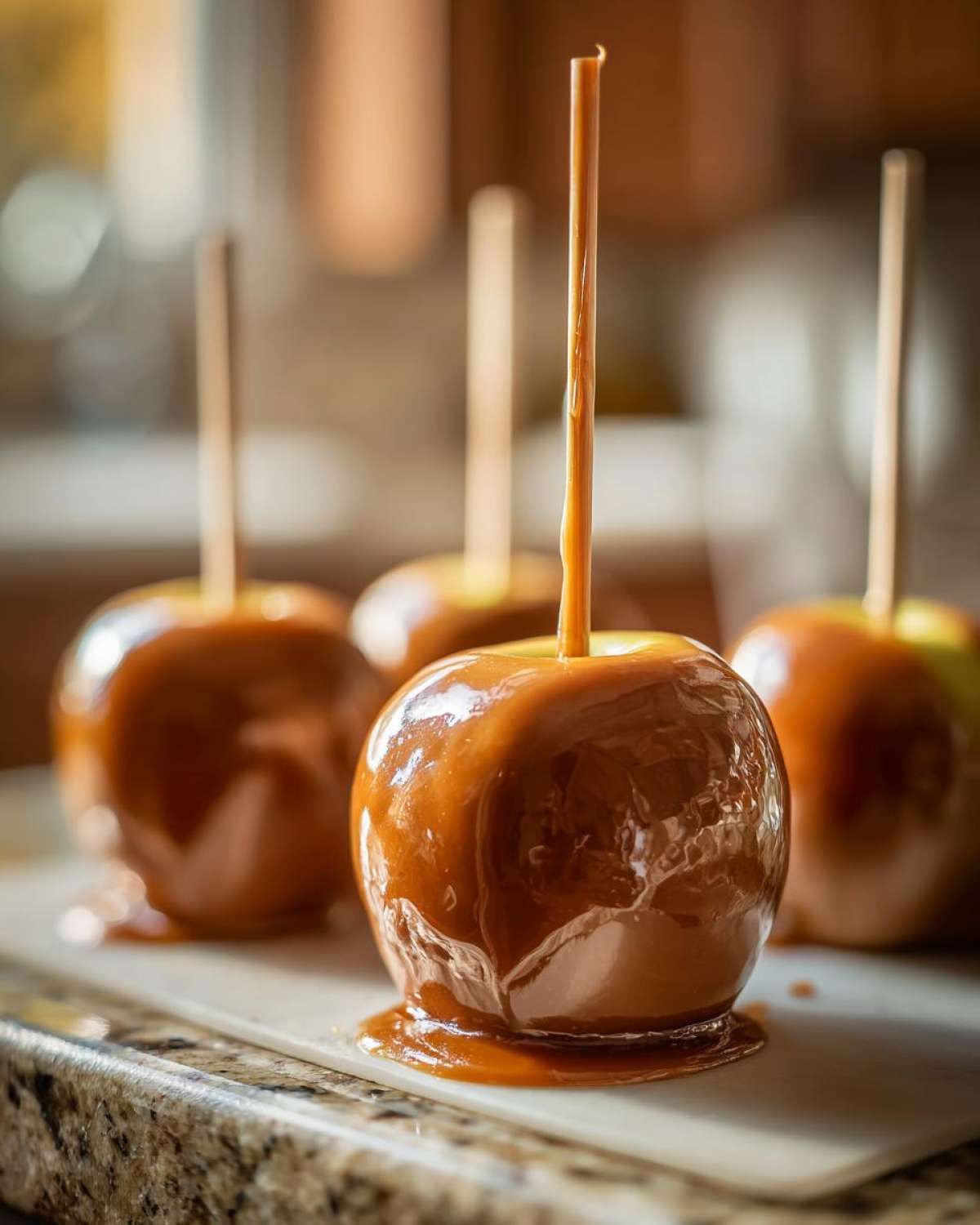 Close-up of four glossy caramel apples on sticks, with caramel dripping down the sides.