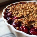 Close-up of a gluten free sour cherry crisp in a white dish, showing the cherry filling and crisp topping.