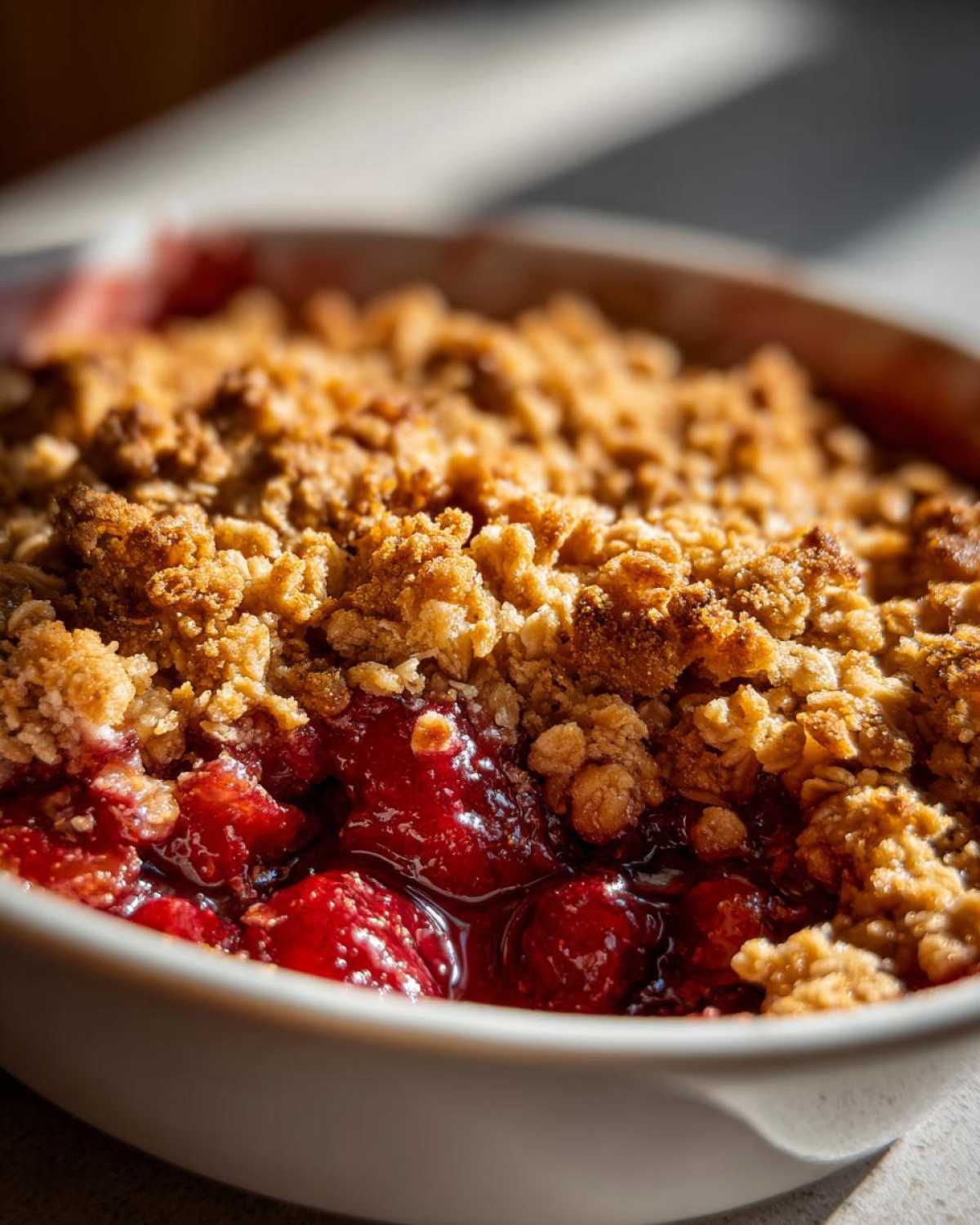 A close-up of gluten free sour cherry crisp with a golden brown topping and juicy cherries.
