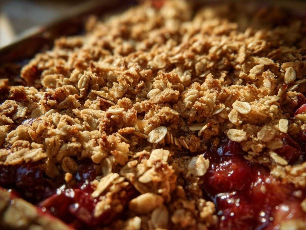 A close-up of a baked gluten free sour cherry crisp with a golden brown oat topping.