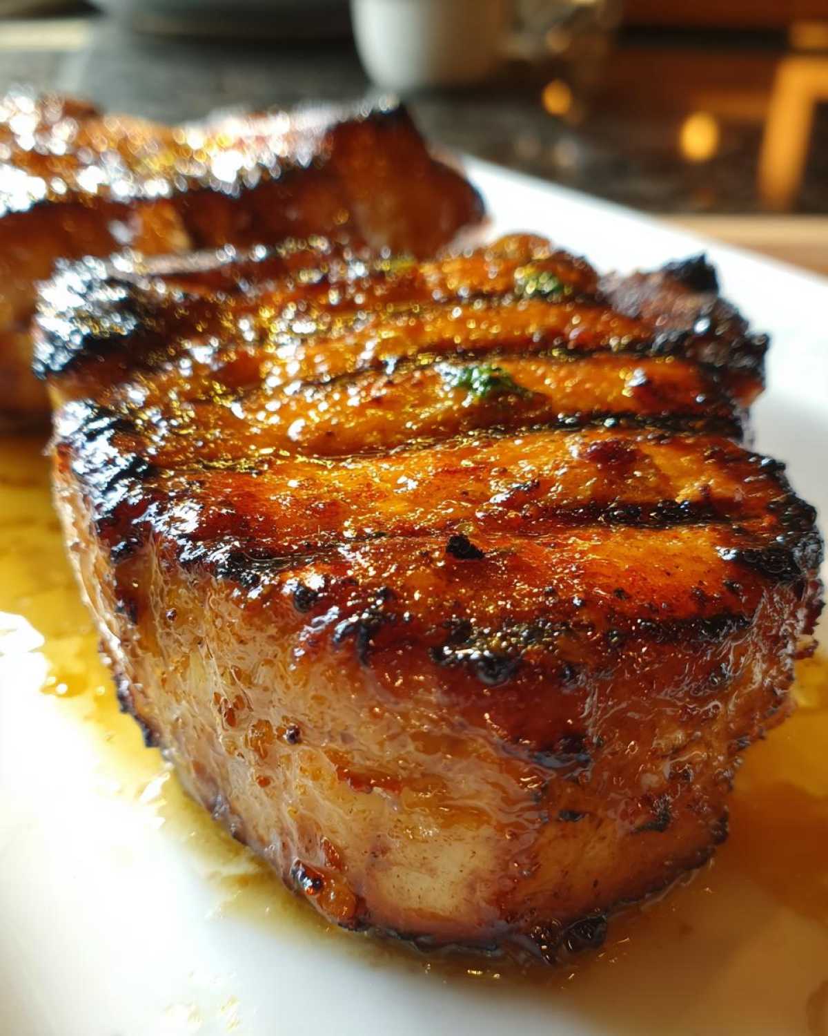 Close-up of grilled pork chops showing grill marks and a glossy marinade for pork chops.