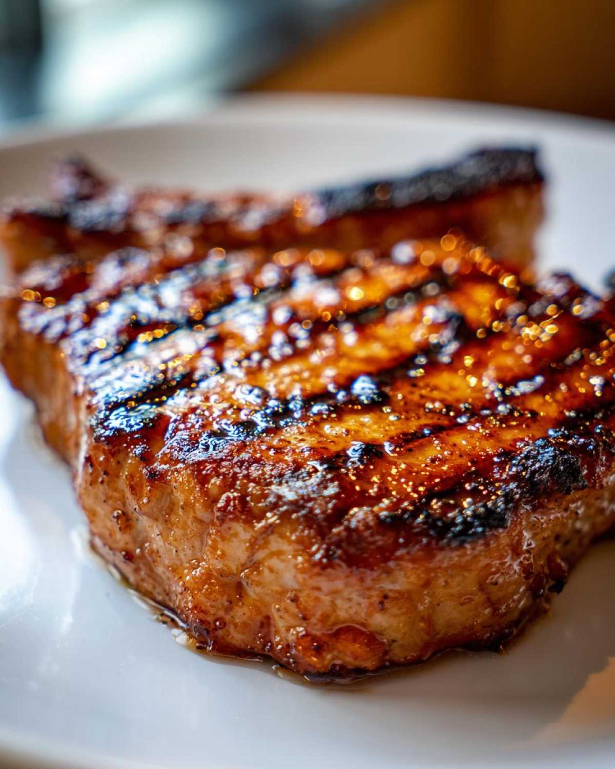 Close-up of grilled pork chops with a glistening marinade for pork chops on a white plate.