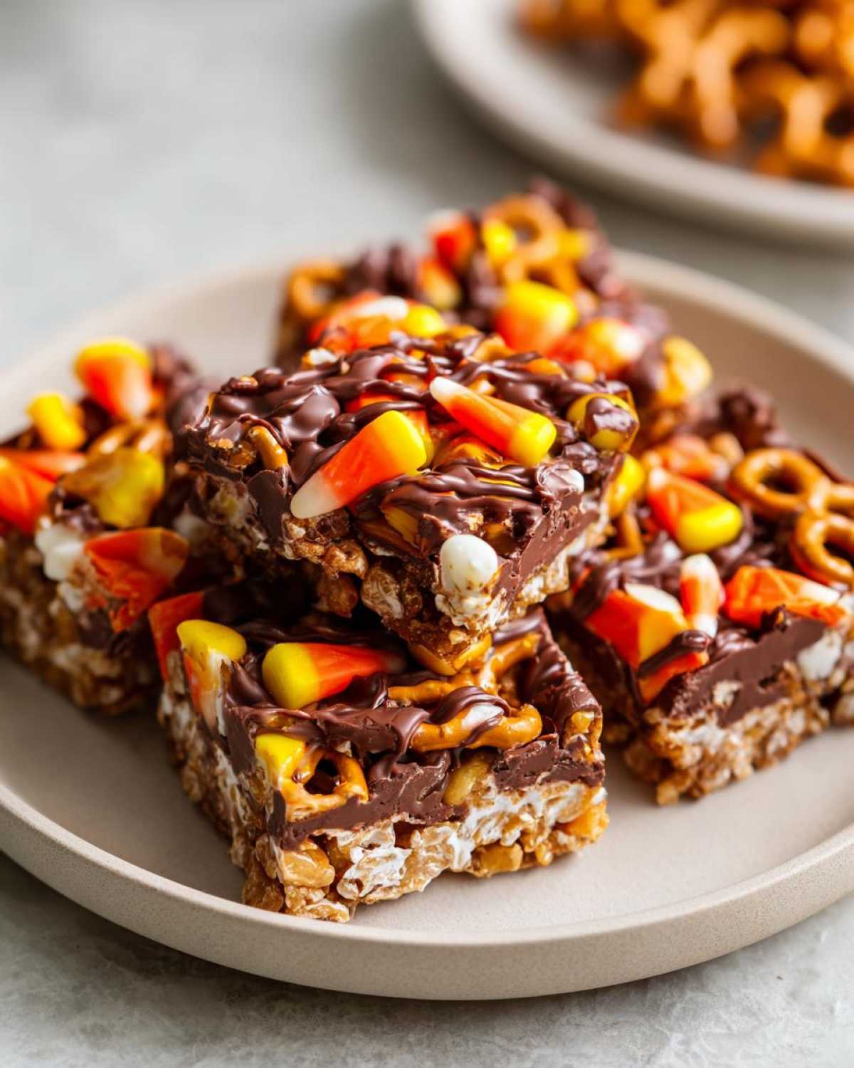 Close-up of stacked Halloween candy corn treats with chocolate, pretzels, and marshmallows.