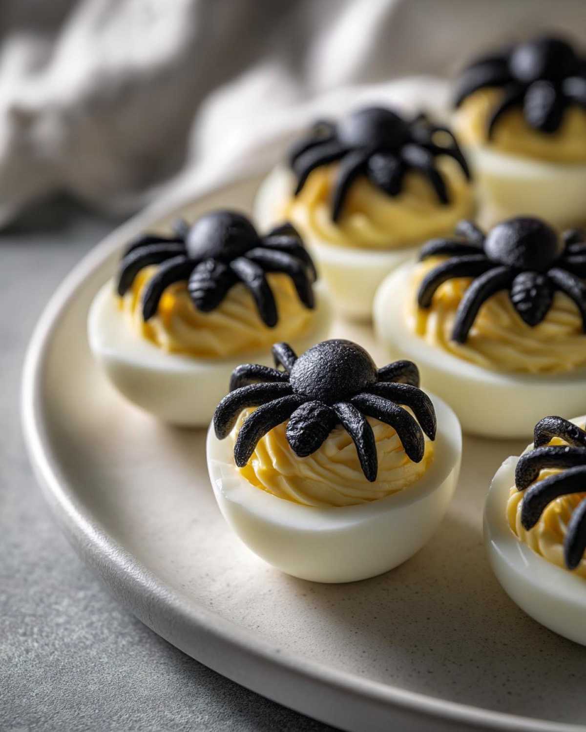 Close-up of several halloween deviled eggs topped with black spider decorations on a white plate.