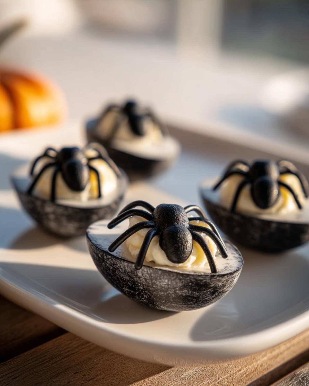 Close-up of four Halloween deviled eggs on a white plate, each topped with a black spider decoration.