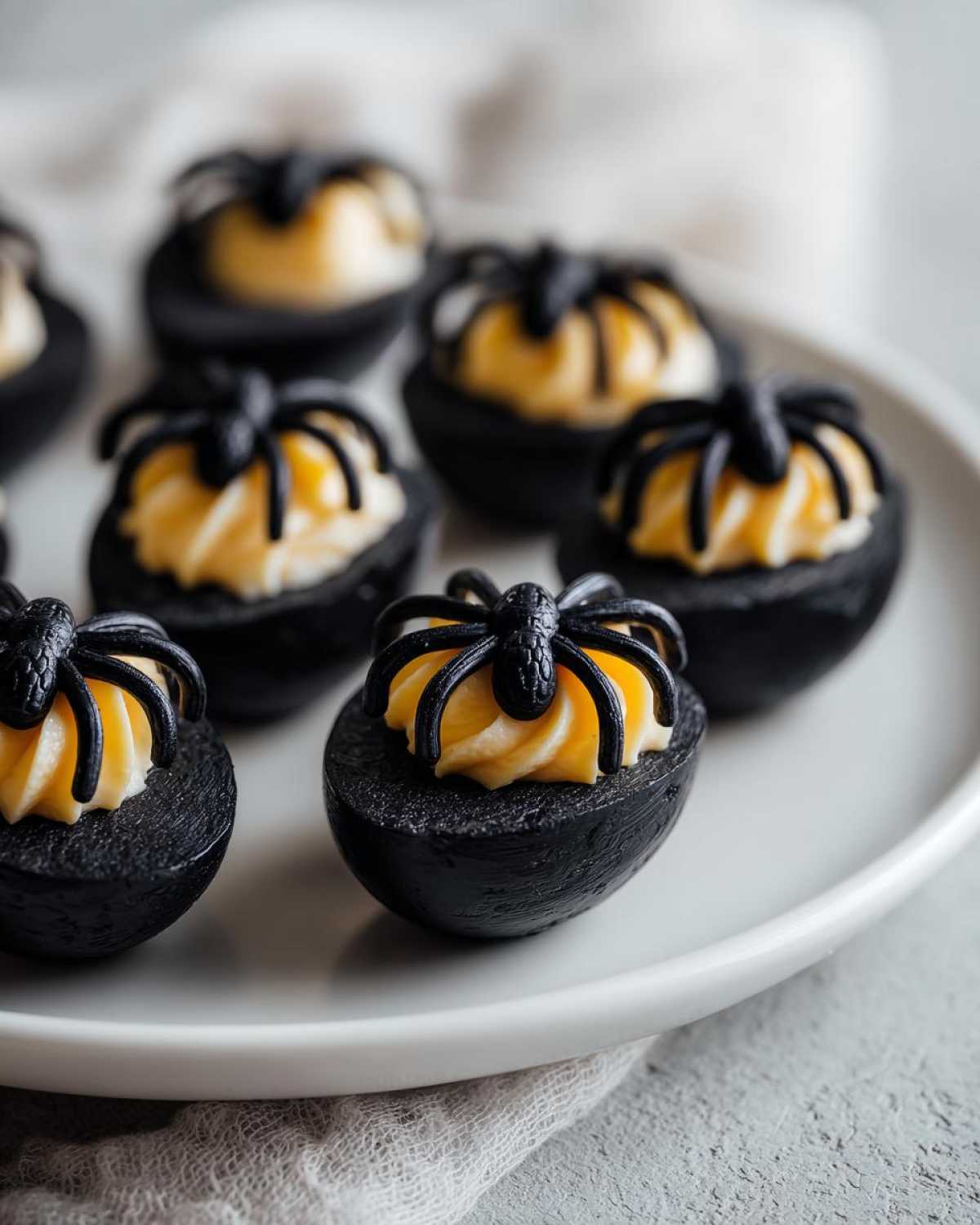 Close-up of black Halloween deviled eggs topped with creamy filling and a black spider decoration.
