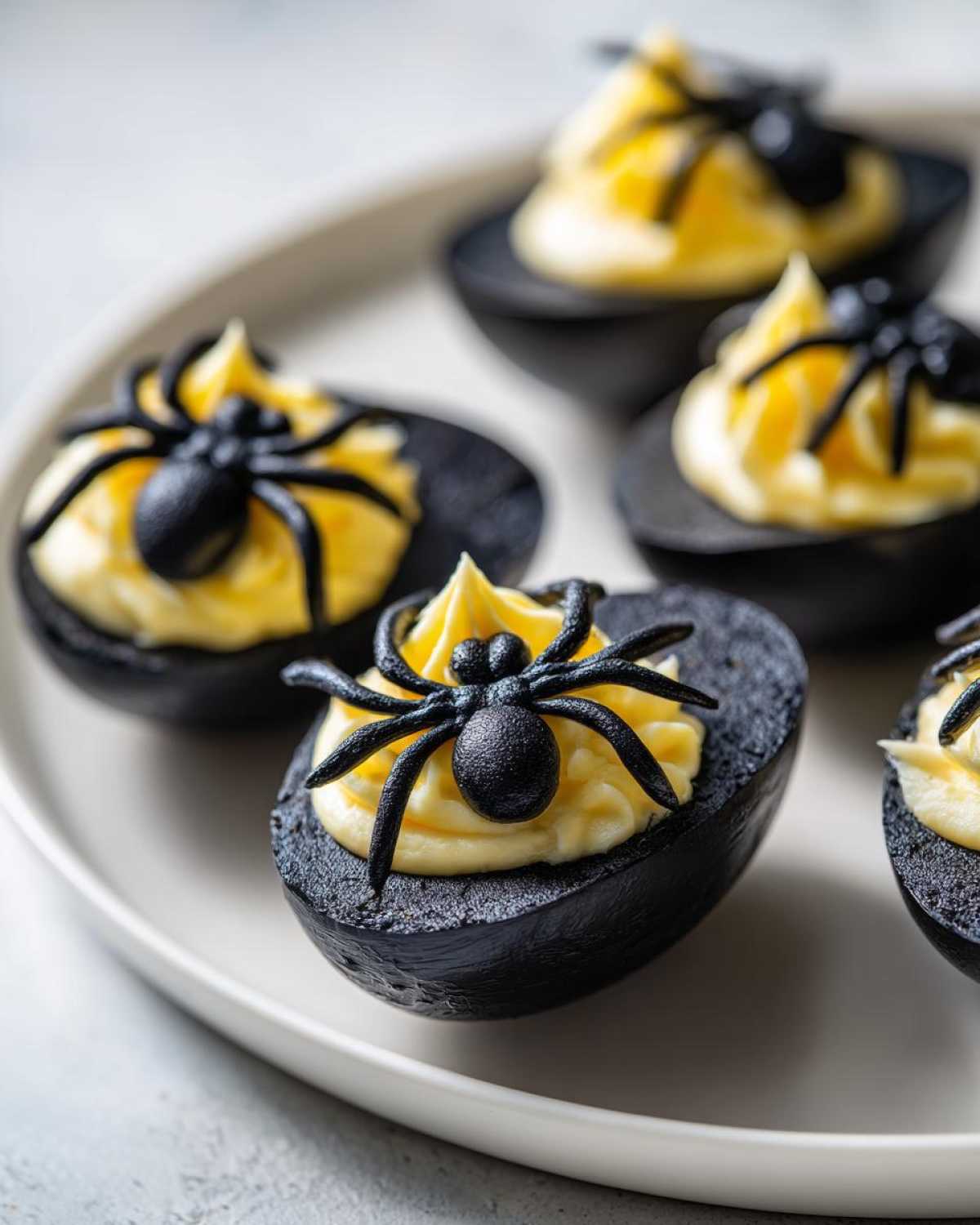 Close-up of black halloween deviled eggs topped with creamy yellow filling and a black spider decoration.