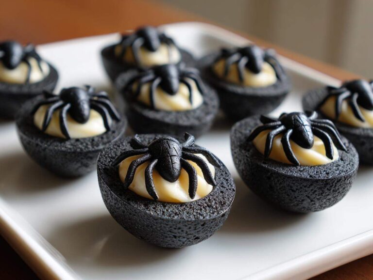 A close-up of several halloween deviled eggs, topped with creamy filling and black plastic spiders.