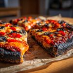Close-up of Halloween pizza slices with black crust, red peppers, and black olives on parchment paper.