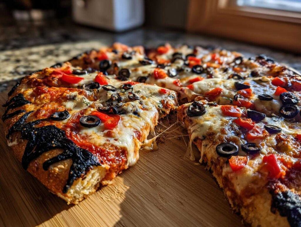 A freshly baked Halloween pizza with melted cheese, red peppers, and black olive spider decorations.