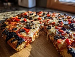 A freshly baked Halloween pizza with melted cheese, red peppers, and black olive spider decorations.