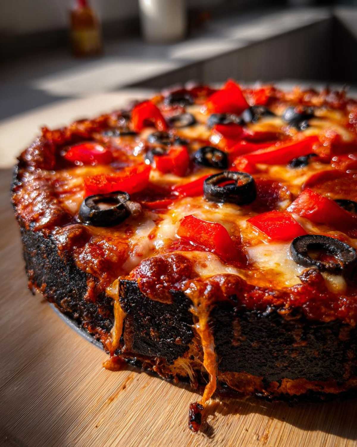 Close-up of a Halloween pizza with melted cheese, red peppers, and black olives on a dark crust.