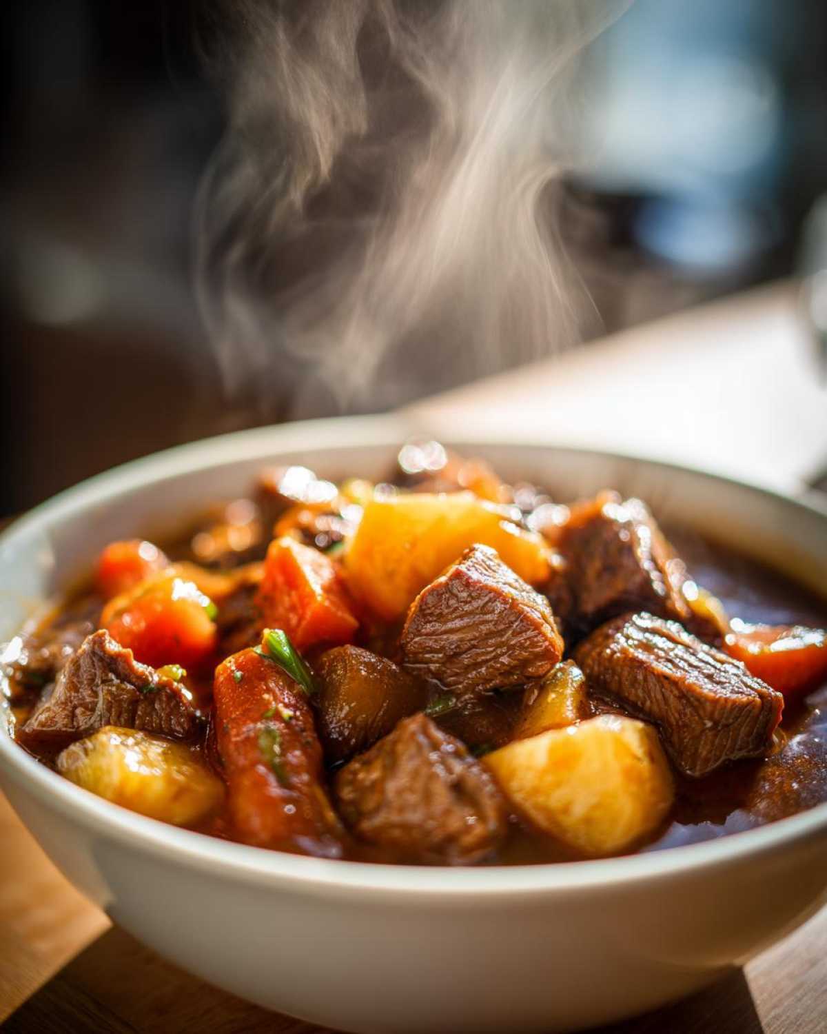 A steaming bowl of hearty beef stew, featuring tender chunks of beef, potatoes, and carrots.