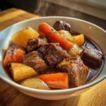 A steaming bowl of hearty beef stew, featuring tender chunks of beef, carrots, potatoes, and onions in a rich gravy.