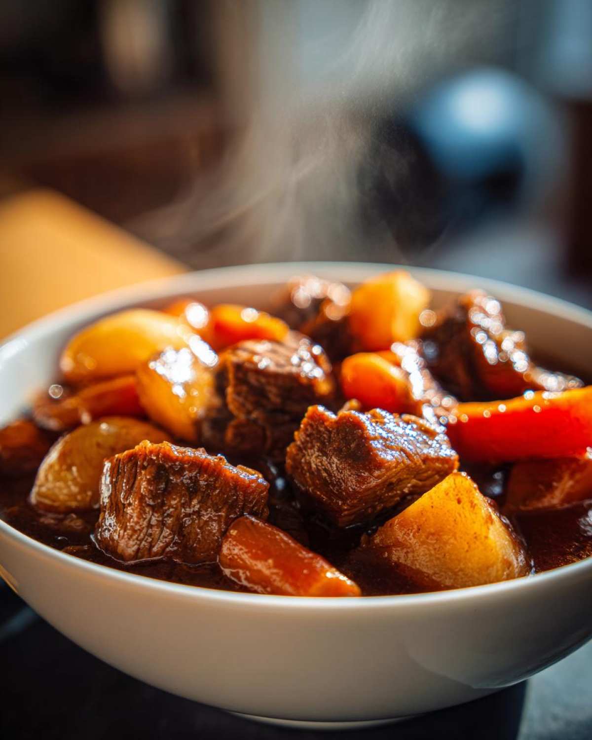 A steaming bowl of hearty beef stew, featuring tender chunks of beef, carrots, and potatoes in a rich gravy.