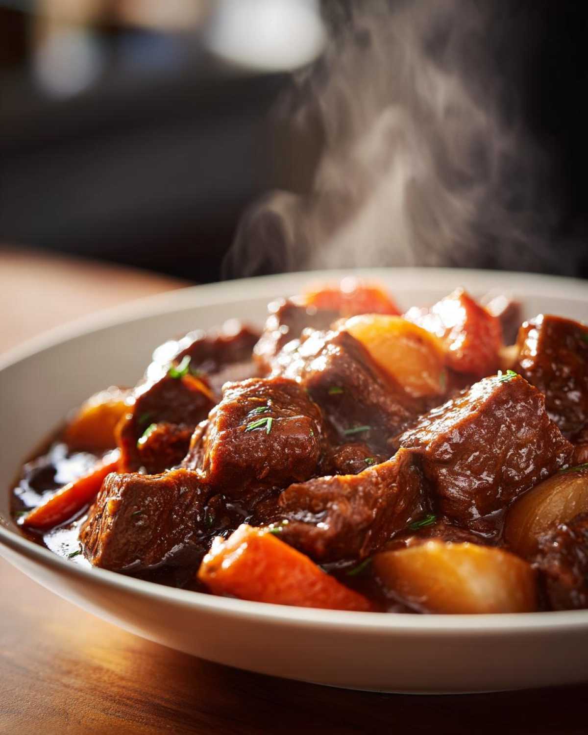 A steaming bowl of hearty beef stew with tender chunks of beef, carrots, and potatoes.