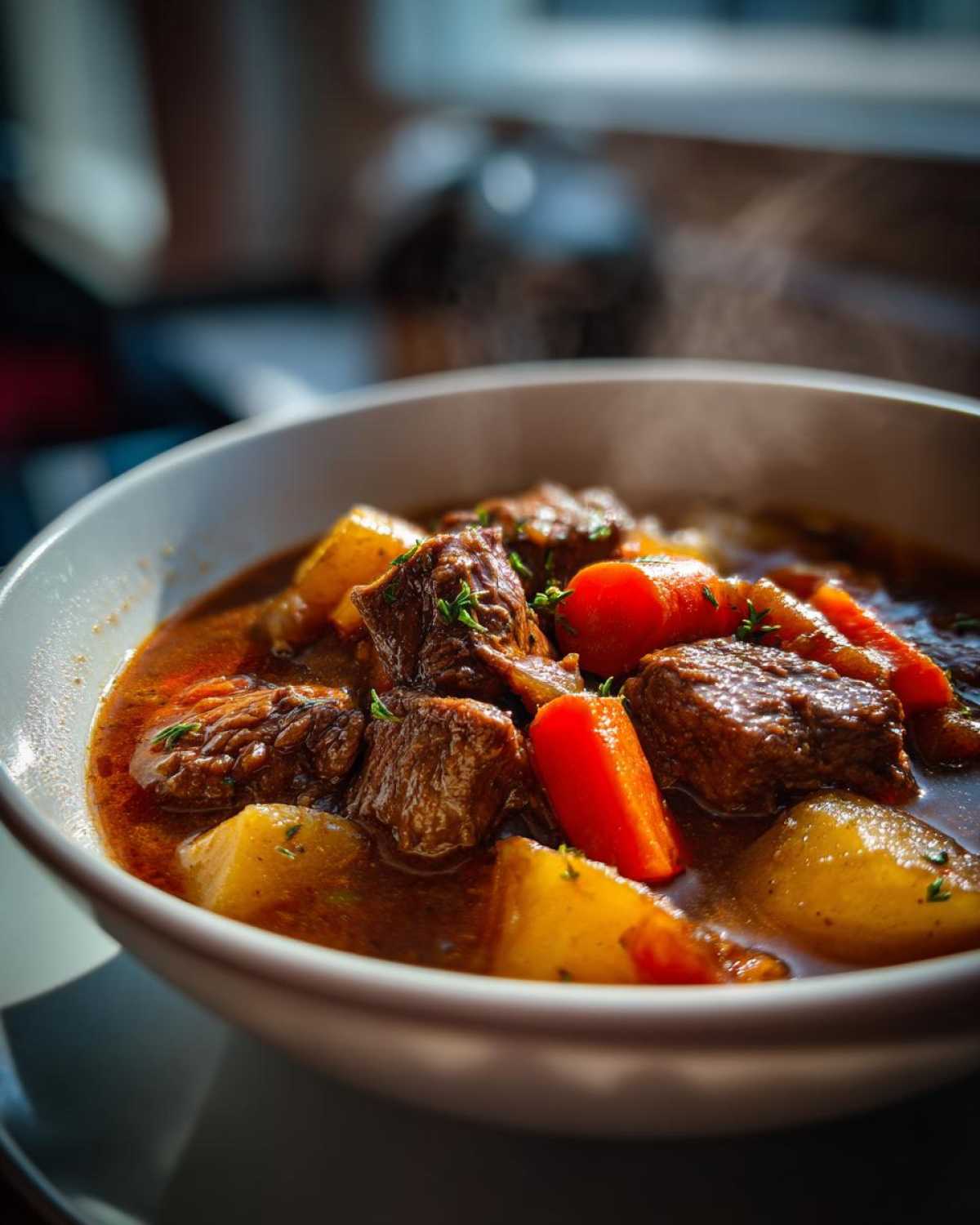 A steaming bowl of hearty beef stew, featuring tender chunks of beef, carrots, and potatoes, garnished with fresh herbs.