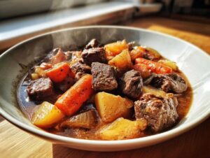 A close-up shot of a bowl of steaming beef stew, featuring tender chunks of beef, bright carrots, and potatoes in a rich gravy.