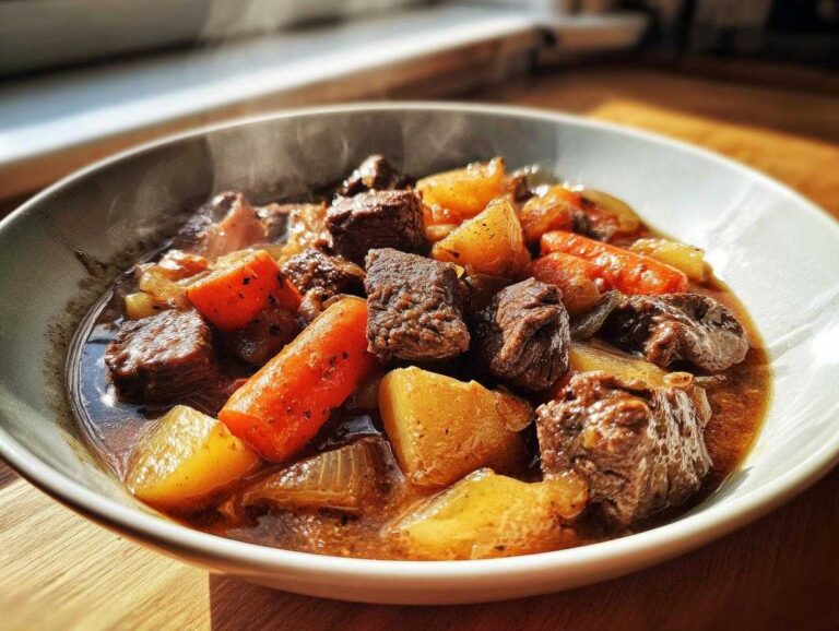 A close-up shot of a bowl of steaming beef stew, featuring tender chunks of beef, bright carrots, and potatoes in a rich gravy.