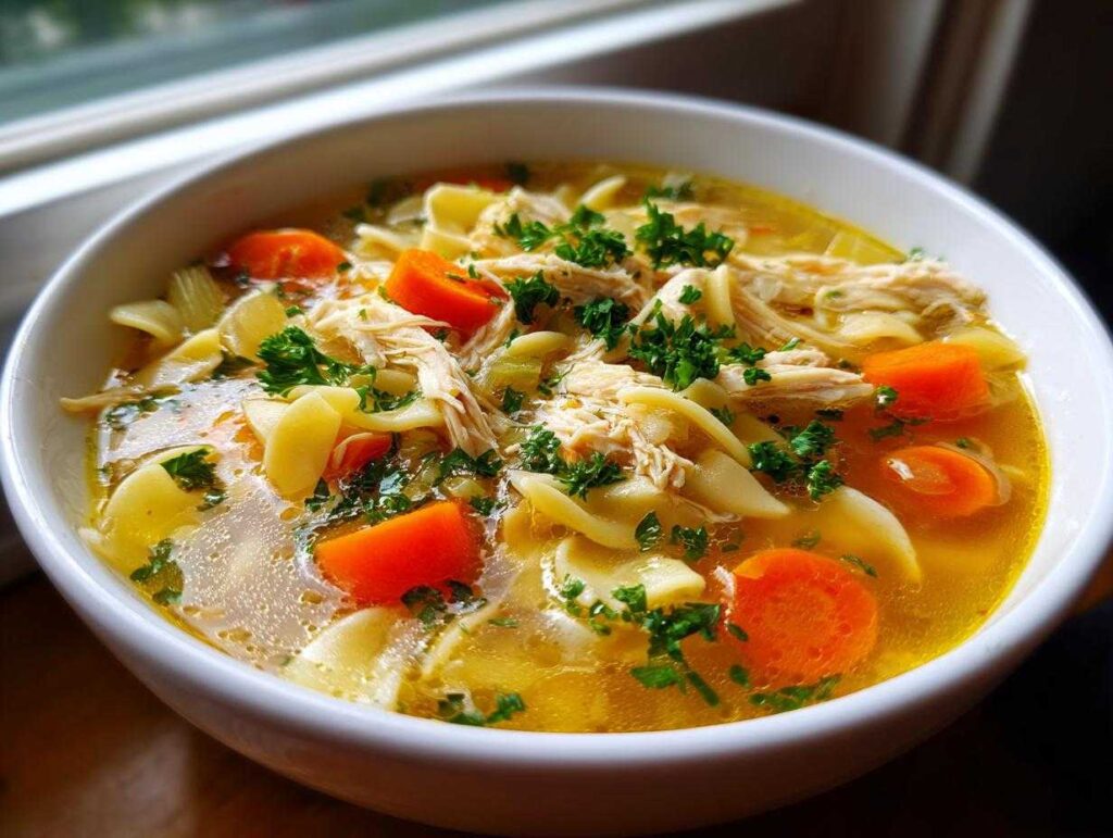 A close-up of a white bowl filled with hearty chicken noodle soup, featuring shredded chicken, wide noodles, bright orange carrot slices, and fresh parsley.