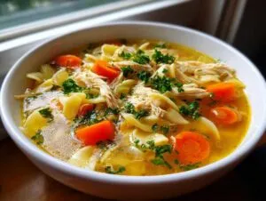 A close-up of a white bowl filled with hearty chicken noodle soup, featuring shredded chicken, wide noodles, bright orange carrot slices, and fresh parsley.