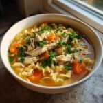 A close-up of a bowl of hearty chicken noodle soup, filled with shredded chicken, wide egg noodles, sliced carrots, and fresh parsley.