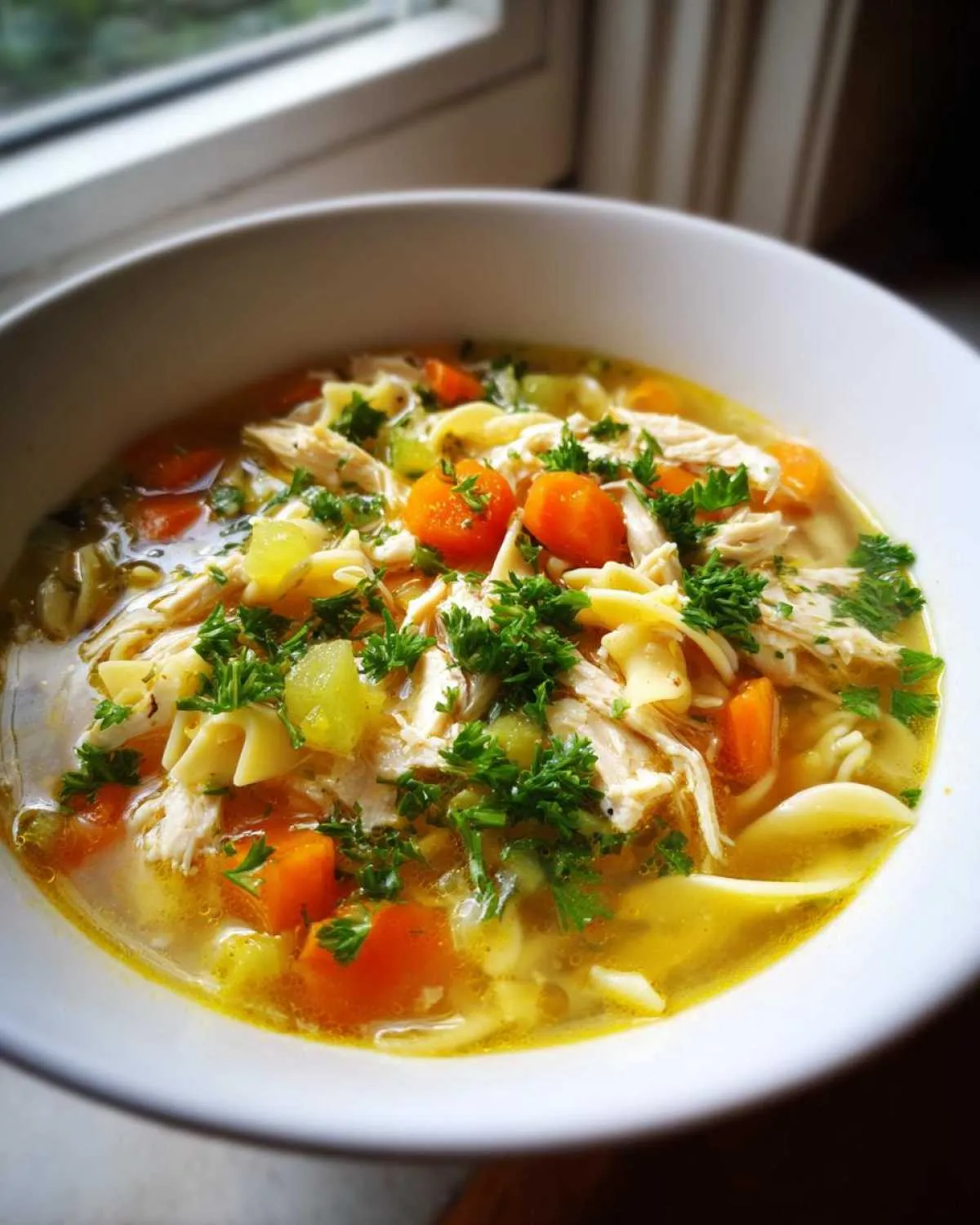 A close-up of a bowl of hearty chicken noodle soup, filled with shredded chicken, noodles, carrots, celery, and fresh parsley.