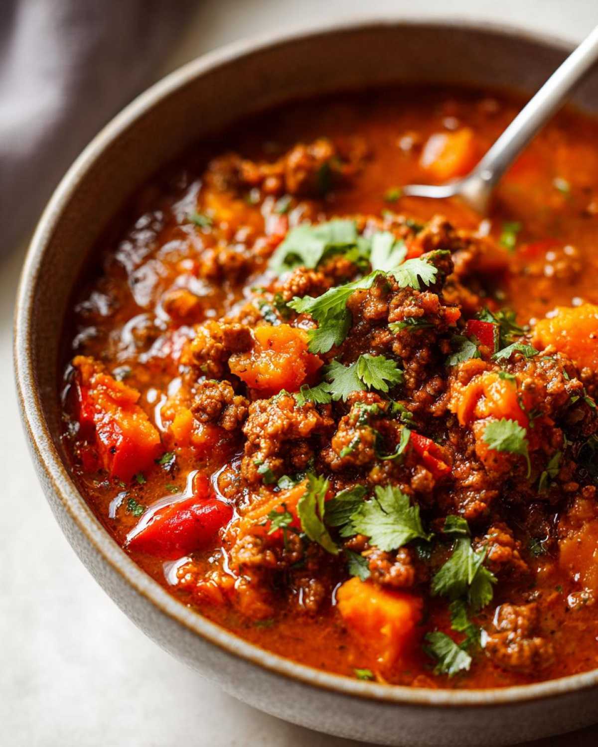 A close-up of a bowl of hearty pumpkin chili, featuring ground beef, chunks of pumpkin, and fresh cilantro garnish.