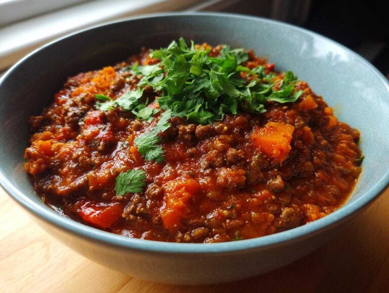 A close-up of a bowl of hearty pumpkin chili, topped with fresh cilantro.