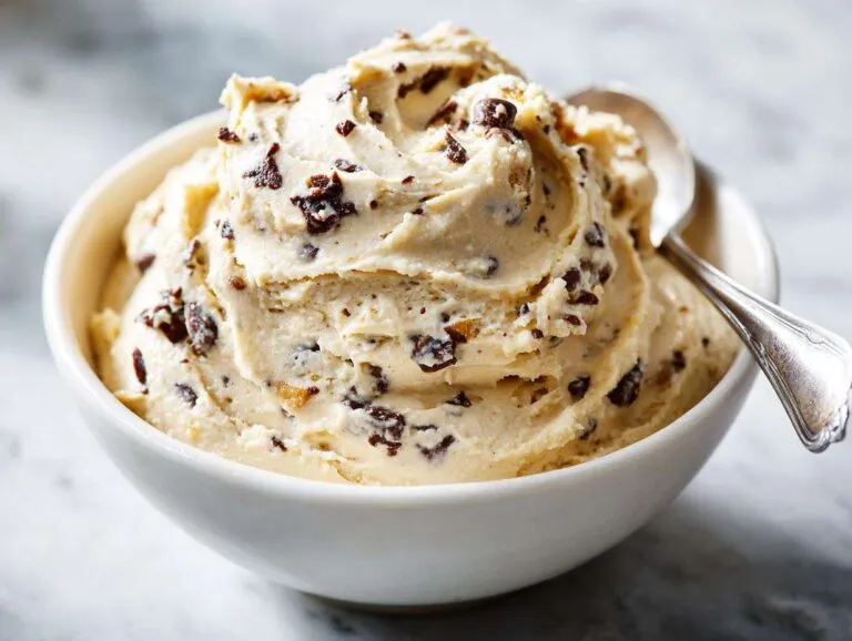 A bowl of creamy high protein cookie dough dip with chocolate chips, ready to eat with a spoon.
