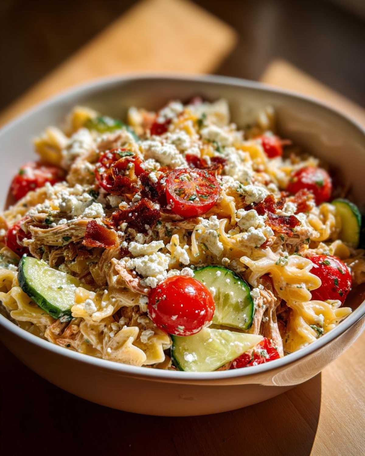 A vibrant bowl of high protein pasta salad featuring pasta, tomatoes, cucumbers, feta, and chicken.