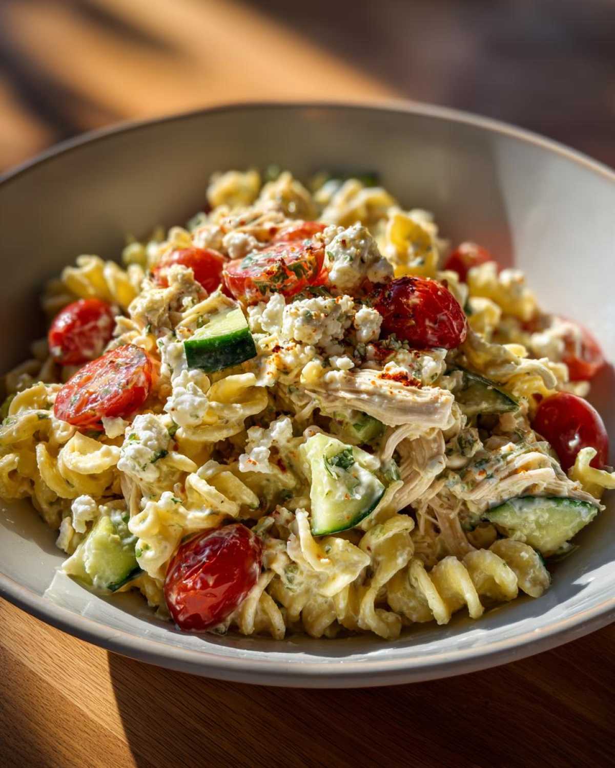 Close-up of a bowl of high protein pasta salad with rotini, chicken, tomatoes, cucumber, and feta cheese.