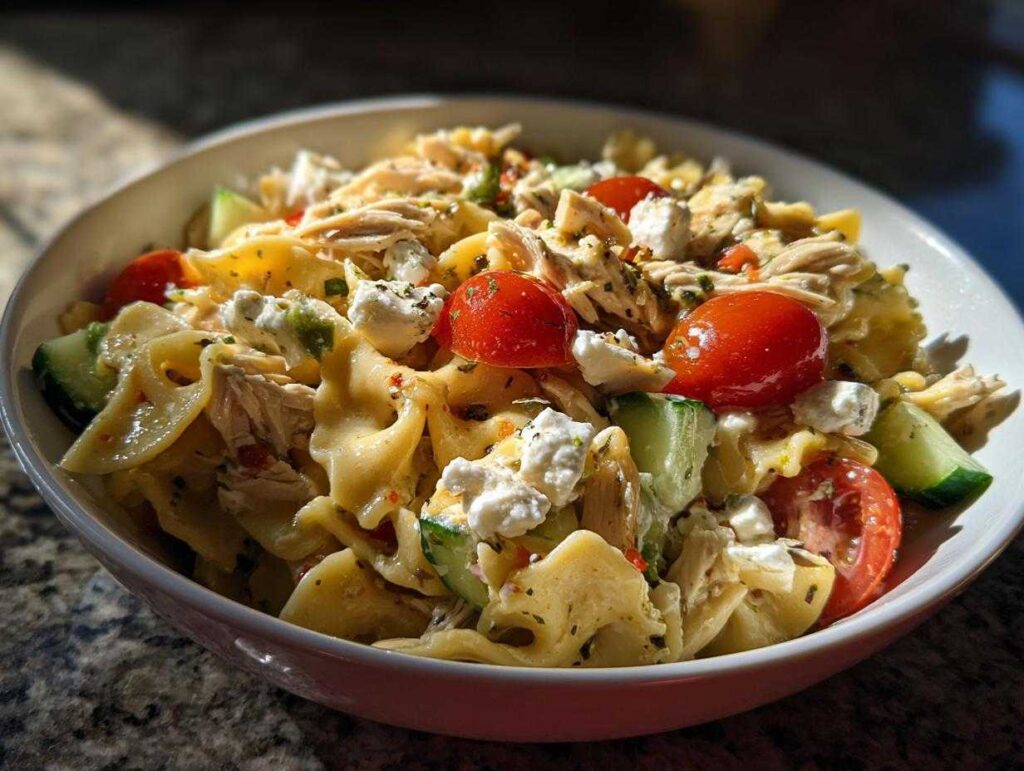 A bowl of high protein pasta salad with farfalle pasta, chicken, feta, tomatoes, and cucumber.