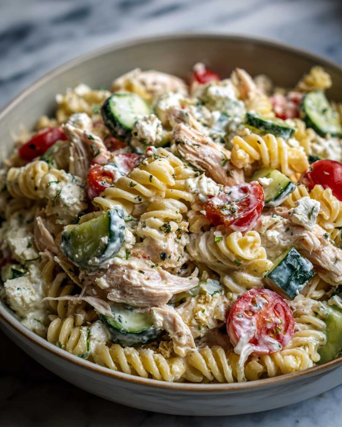 Bowl of high protein pasta salad with rotini, chicken, tomatoes, cucumbers, and a creamy dressing.