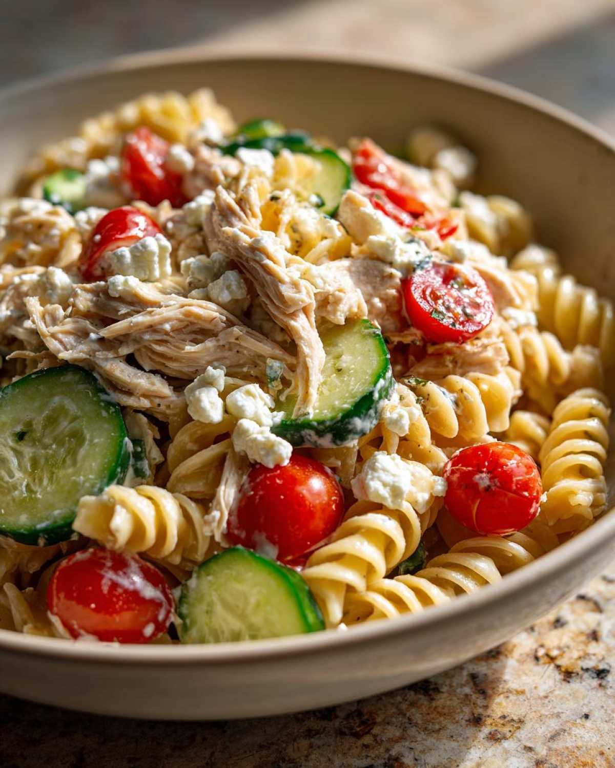 Bowl of high protein pasta salad with rotini, chicken, tomatoes, cucumbers, and feta cheese.