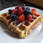 A high protein waffles cottage cheese waffle topped with fresh strawberries, raspberries, and blackberries.