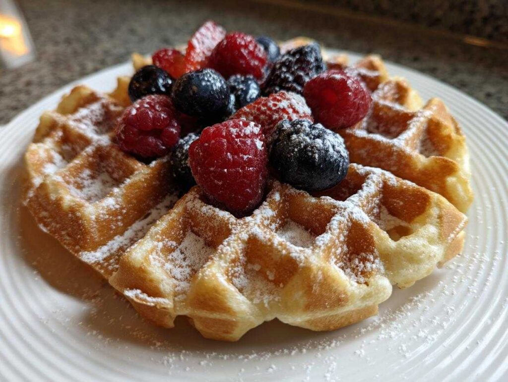 A delicious high protein waffles cottage cheese waffle topped with fresh berries and powdered sugar.