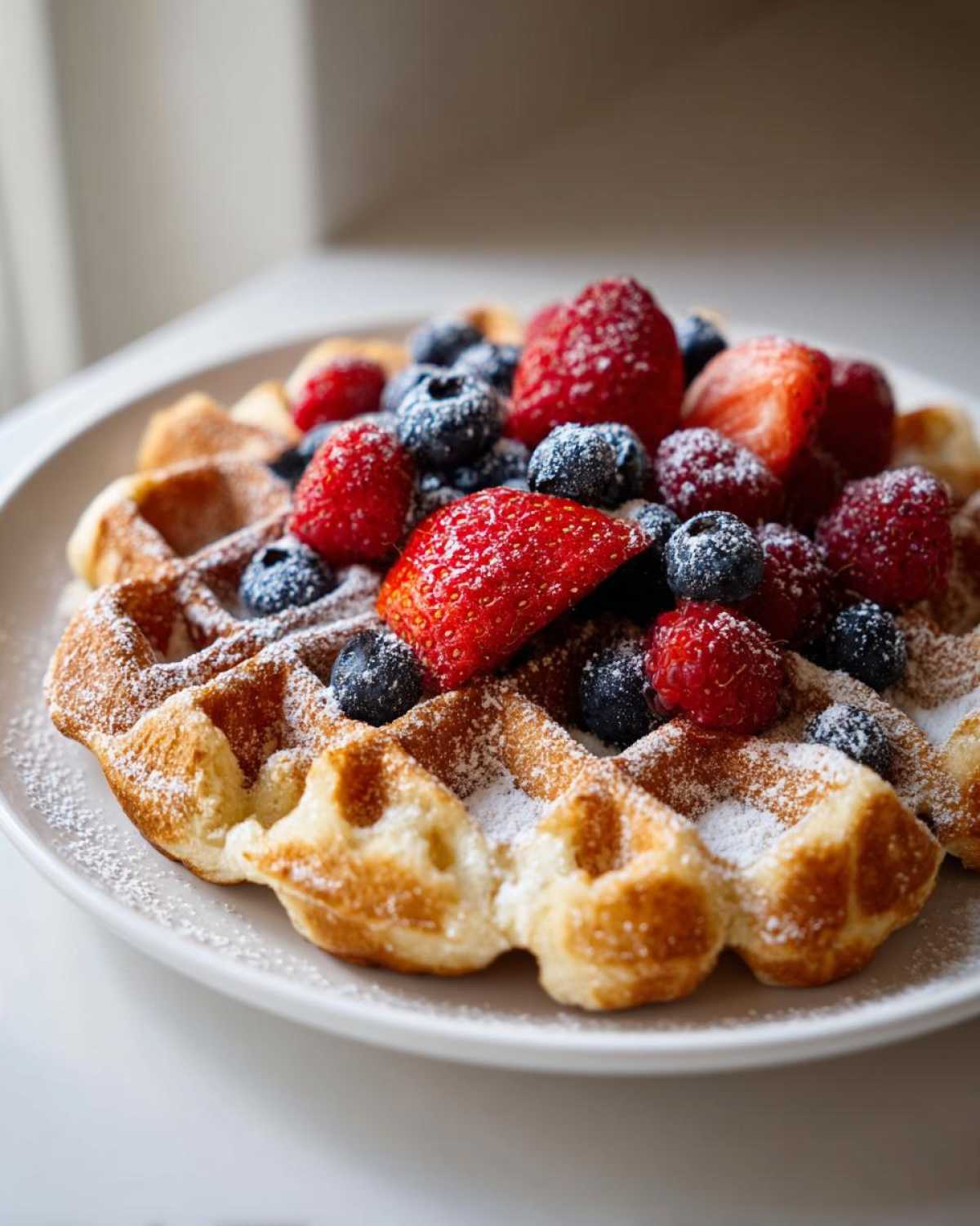 A delicious high protein waffles cottage cheese waffle topped with fresh strawberries, raspberries, and blueberries.
