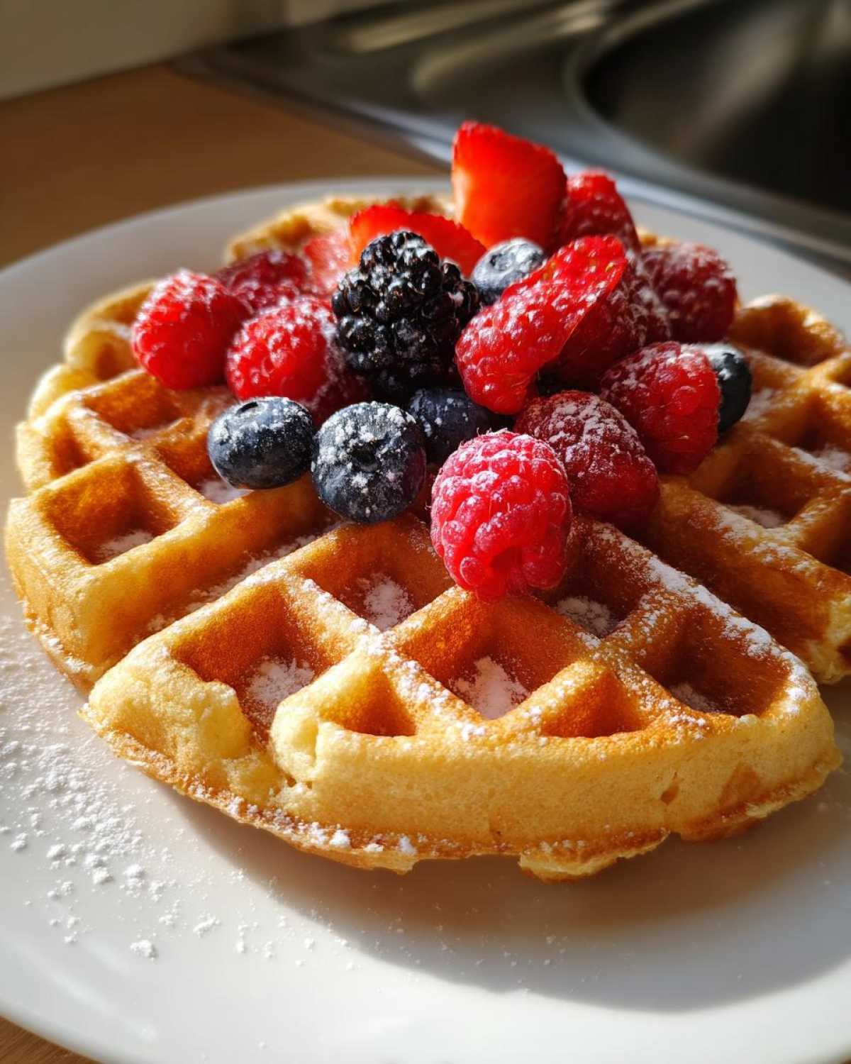 A delicious high protein waffles cottage cheese recipe, topped with fresh raspberries, blueberries, blackberries, and strawberries.