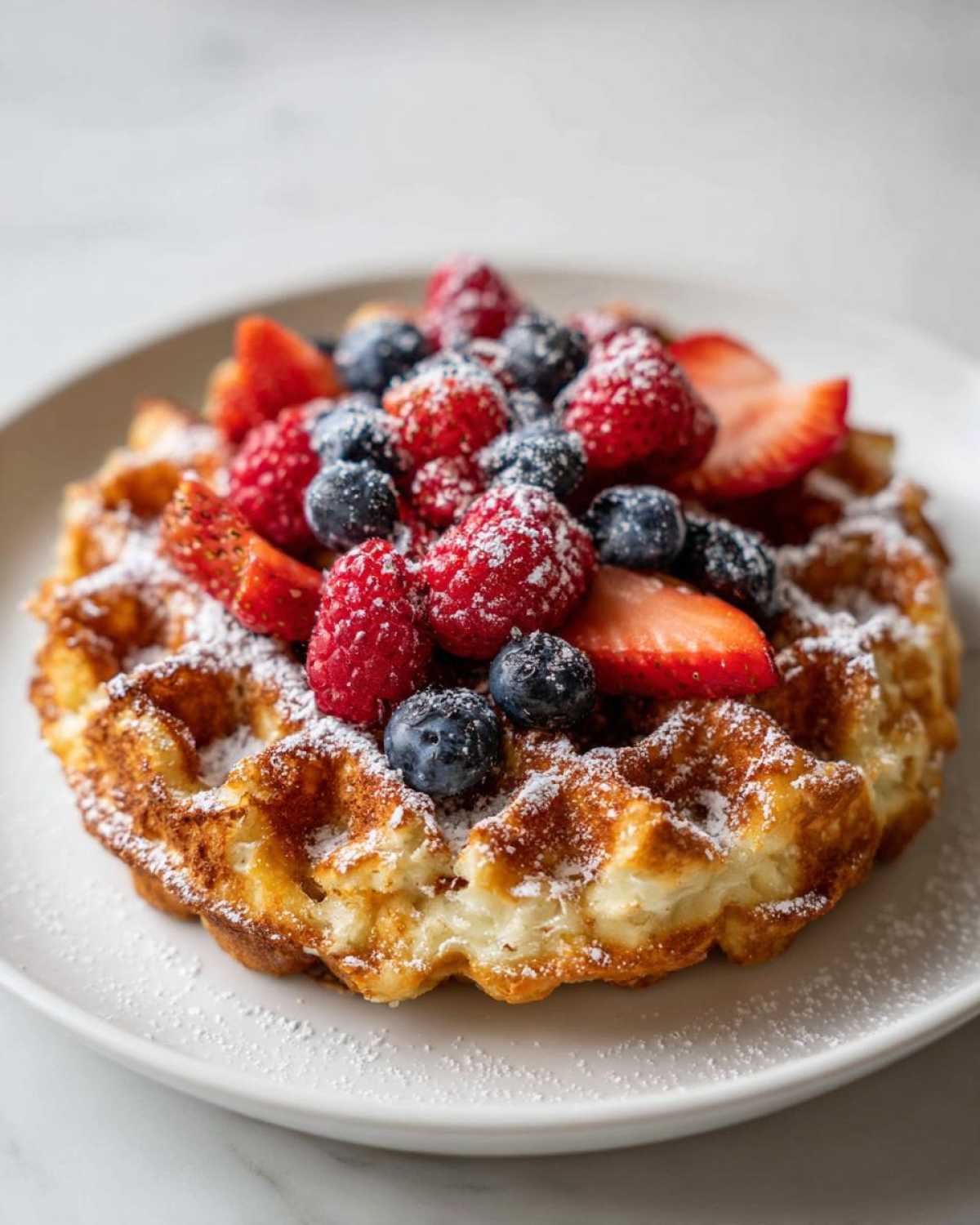 A delicious high protein waffles cottage cheese waffle topped with fresh strawberries, blueberries, and raspberries, dusted with powdered sugar.
